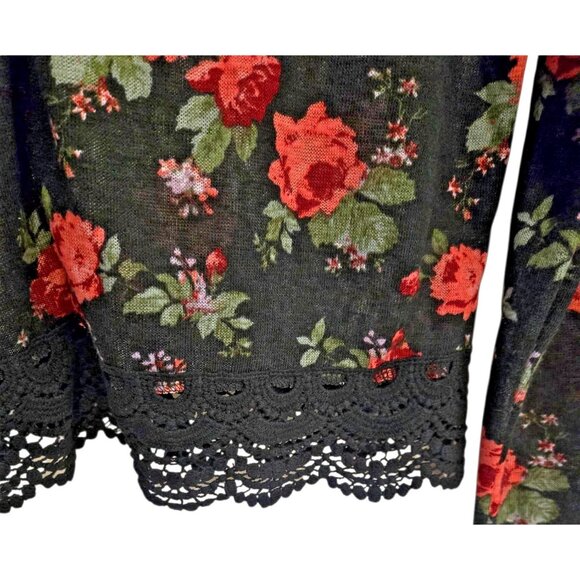Rue 21 Floral Pullover Women's M Semi Sheer Black Long Sleeve Crochet Trim - Picture 3 of 5